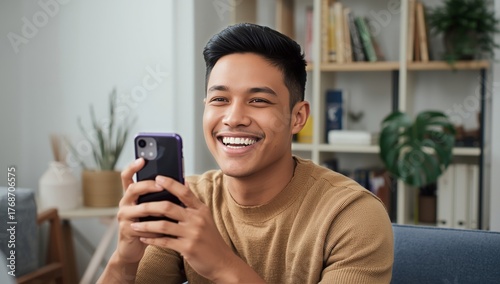 Happy Young Man Enjoying Time on Smartphone While Sitting in Cozy Living Room
