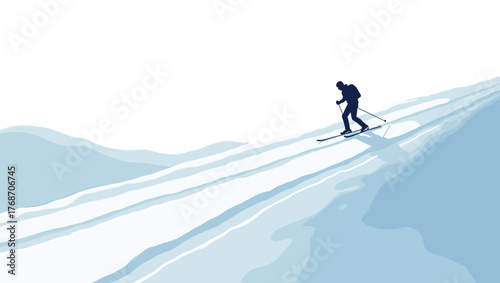 Lone skier moving uphill on bright nordic skiing track under sunny winter sky. Concept of determination and solitude
