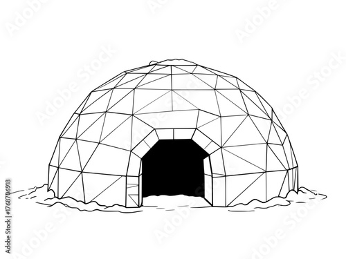 Wireframe geometric illustration of an igloo in snowy landscape showcasing simplicity and structural design