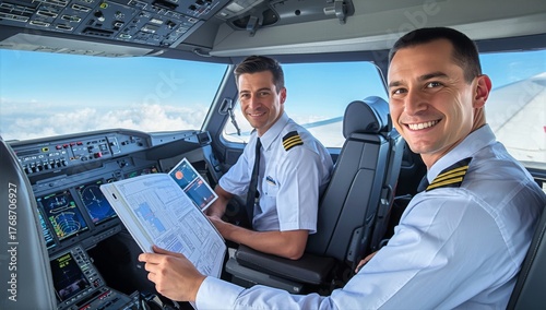 Pilots Happily Working Together in the Cockpit During a Flight in Sunny Weather