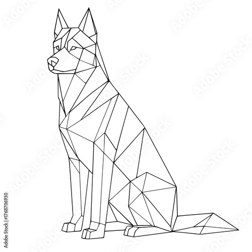 Wireframe geometric illustration of a sitting husky dog showcasing clean lines and modern design