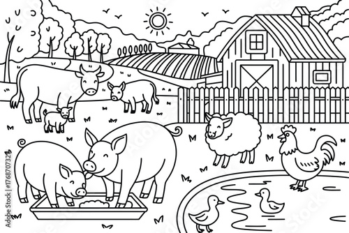 A charming black and white illustration of a farm scene with various animals like cows, pigs, sheep, and ducks, set against a backdrop of a barn and fields vector illustration