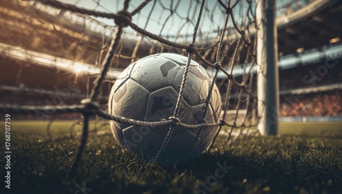 Soccer Ball in Net During Match at Stadium With Vibrant Crowd