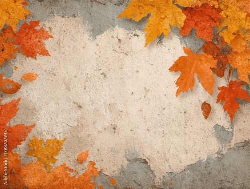 Autumn Background with Orange and Red Maple Leaves on Textured Paper, greeting card
