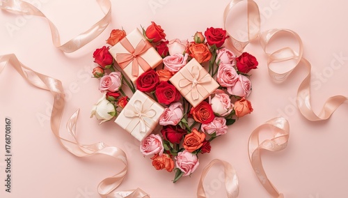Heart-shaped Arrangement of Colorful Roses With Gifts and Ribbons on Soft Pin...