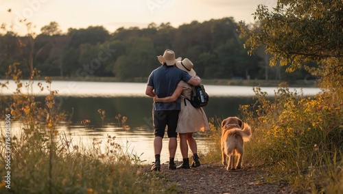 Couples Enjoying a Sunset by the Lake With Their Dog in a Peaceful Outdoor Se...