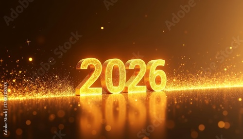 Large, glowing golden numerals displaying 2026 float above reflective surface, radiating festive excitement and anticipation against dark, gradient background with subtle halo of light