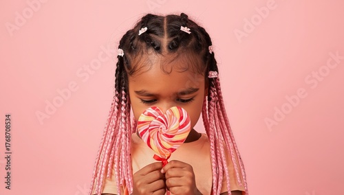 Young Girl With Pink Hair Holding a Large Heart-Shaped Candy on a Pink Backgr...