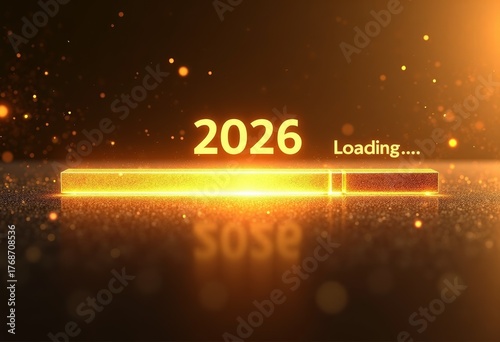 glowing, golden bar displays 2026 amidst dark bokeh background, evoking anticipation and excitement for upcoming year, suggesting festive and hopeful atmosphere, New Years Eve, celebration