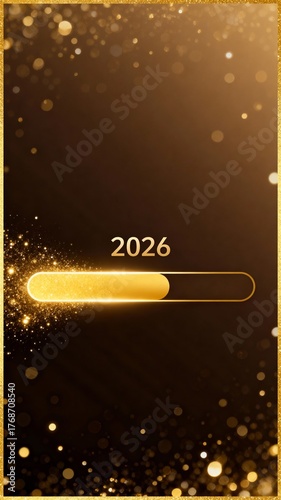 dark golden gradient background showcases horizontal slider with 2026 in white, surrounded by energetic golden dots, conveying celebration and anticipation, joyous future, new beginnings