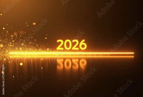 Large, glowing orange numerals displaying 2026 dominate scene against dark, gradient brown-to-black background, accented with scattered golden sparkles evoking excitement and anticipation