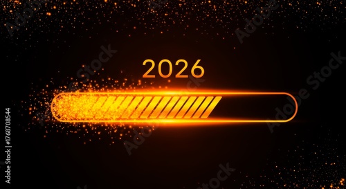 dynamic, orange gradient background displays stylized, illuminated bar graph moving towards year 2026, evoking energetic progress, with static counterpart, highlighting themes of innovation