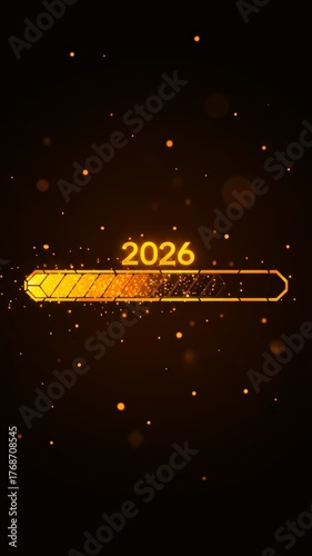 dynamic, futuristic graphic displays number 2026 with yellow gradient background, illuminated with warm glows and scattered orange lights, evoking anticipation and excitement, New Year 2026