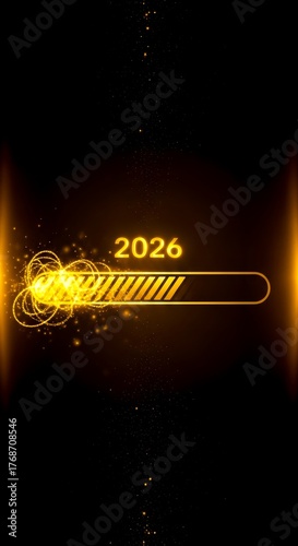 digital graphic displays vibrant yellow lightning bolt with 2026 numerals, set against dark gradient background, evoking excitement and anticipation, New Year, joyful celebration, new beginnings