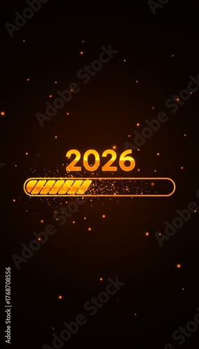 digital graphic displays 2026 in bold yellow, outlined with glowing white border against orange gradient background, evoking excitement and anticipation, alongside scattered orange dots