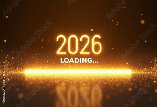 Large, glowing neon numerals display 2026 against reflective golden background with LOADING text, conveying anticipation and excitement, New Year, joyful future, fresh start