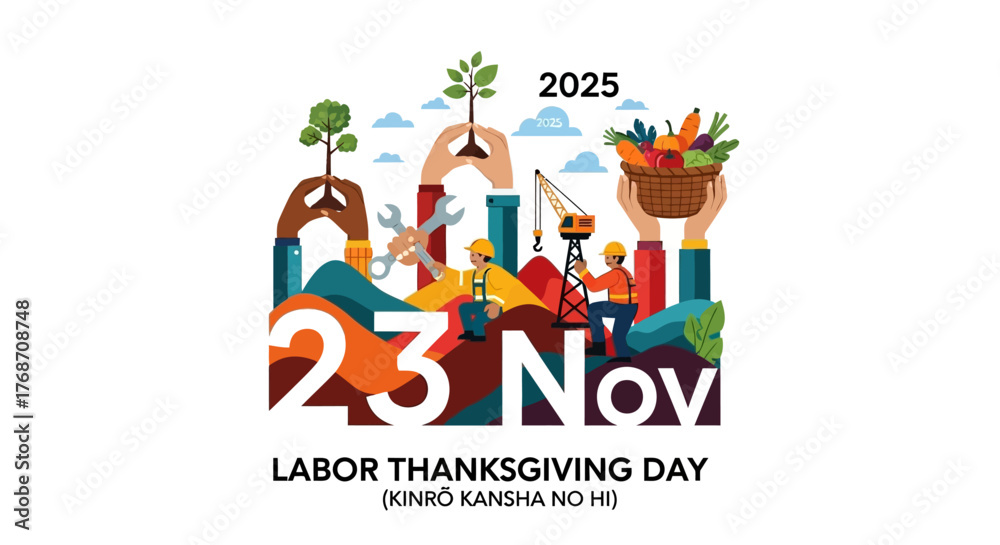Fototapeta premium Celebrate Labor Thanksgiving Day 2025 with growth, thanks, and industry, showcasing unity and abundance for a bright future of hard work and prosperity worldwide
