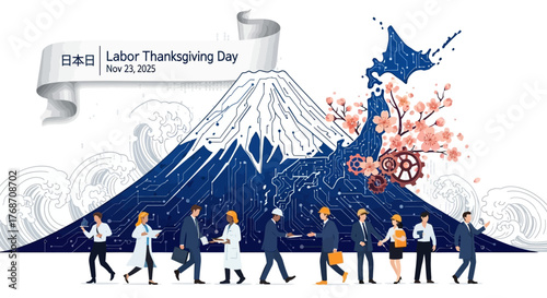 Celebrate Japanese Labor Thanksgiving Day with a Stunning Tech-Inspired Design Featuring Mt Fuji, Sakura Blossoms and a Diverse Group of Hardworking Professionals