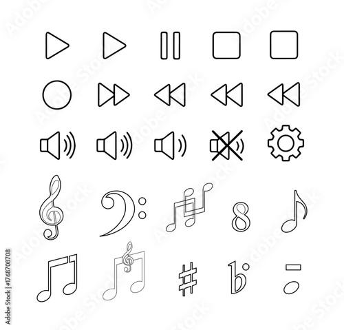 Music  set icon triangle black. Original design with variations and arrowhead icons for web applications and graphics.