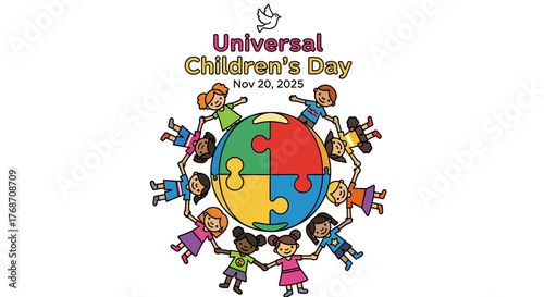 Celebrate Universal Children's Day on November 20, 2025 with diverse kids holding hands around a puzzle globe, promoting unity and peace across cultures