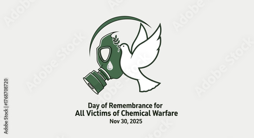 Solemn tribute for chemical warfare victims with dove of peace and gas mask, promoting remembrance, reflection, and commitment to global disarmament initiatives for a safer world