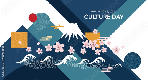 Celebrate Japan's Culture Day with elegant cherry blossoms, Mount Fuji, and traditional wave patterns in stunning navy, gold, and teal hues perfect for social media campaigns