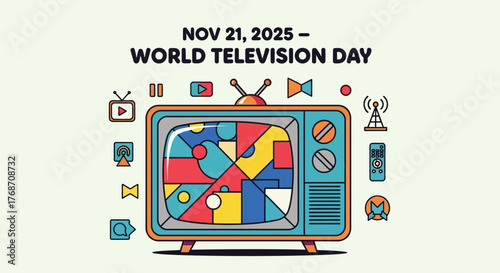 Celebrate World Television Day 2025 with this retro television set broadcasting vibrant geometric patterns and classic media icons, a nostalgic tribute to the evolution of entertainment