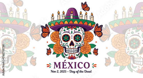 Celebrate Día de Muertos with this vibrant skull, marigolds, and monarch butterflies, a stunning tribute to Mexican traditions and colorful cultural heritage perfect for invitations