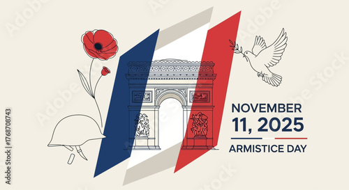 Remembering Armistice Day 2025 with poppies, dove of peace, and Arc de Triomphe, honoring our veterans and celebrating enduring peace on November 11th