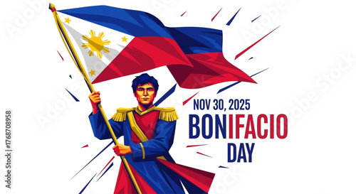 Commemorate Bonifacio Day 2025 with a vibrant illustration of Philippine patriotism, honor the national hero with this symbolic artwork perfect for holiday promotions