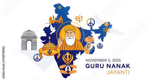 Celebrate Guru Nanak Jayanti on November 5, 2025 with this stunning modern design showcasing Indian landmarks and symbols of peace, faith, and unity in a vibrant composition
