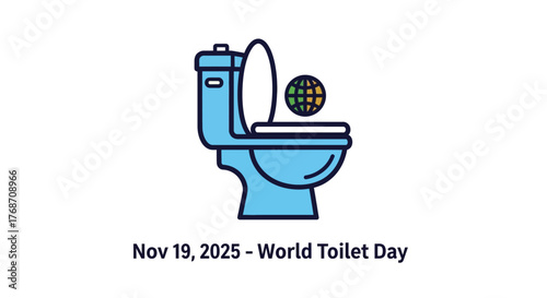 Celebrate World Toilet Day on November 19, 2025 with this clean and modern design featuring a toilet and globe, perfect for sanitation campaigns and global health awareness initiatives