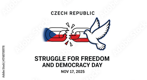 Remembering the Czech Republic's struggle for freedom and democracy, a symbol of hope and peace with a dove soaring over broken chains, symbolizing liberation for November 17, 2025