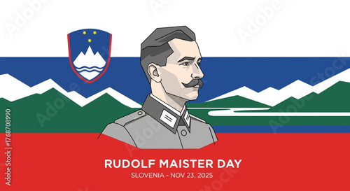 Celebrate Rudolf Maister Day with vibrant Slovenian flag and historical portrait, a tribute to national pride and cultural heritage, perfect for patriotic designs