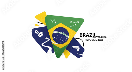 Celebrate Brazil's Republic Day with this vibrant design featuring iconic symbols and colors, perfect for festive promotions and patriotic campaigns, November 15, 2025