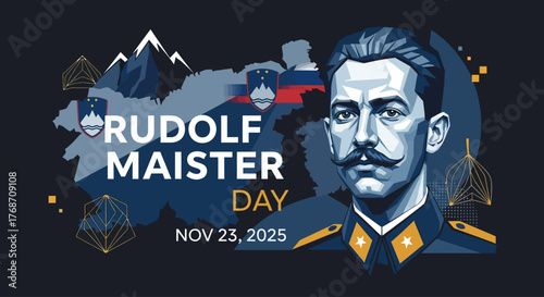 Celebrate Rudolf Maister Day in Slovenia with this striking graphic featuring the flag, map, and portrait of the historical figure on November 23, 2025