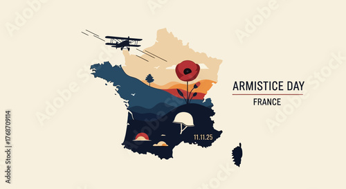 Commemorate France's Armistice Day with a symbolic illustration showcasing peace and remembrance, featuring poppy fields and vintage airplane for historical content and educational use