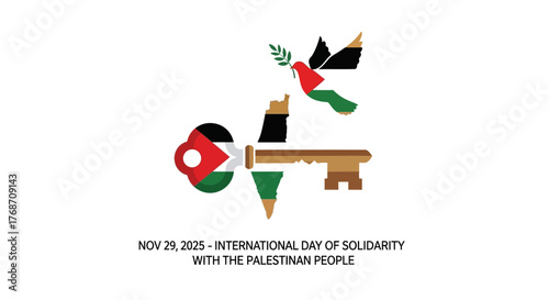 International Day of Solidarity with the Palestinian People, November 29, 2025, featuring dove of peace, old key, and map elements in modern symbolic design for global awareness