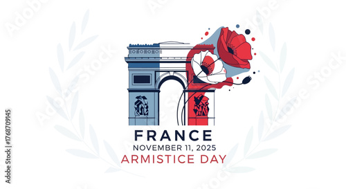 Commemorate Armistice Day in France with this stylish design featuring the Arc de Triomphe and poppies, perfect for remembrance events and patriotic celebrations honoring peace