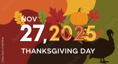 Celebrate Thanksgiving Day on November 27, 2025 with Festive Fall Leaves, Pumpkins, and Cornucopia for a Cozy Holiday Feast, Perfect for Thanksgiving Greetings