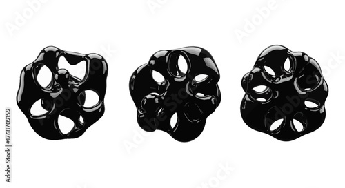 abstract lotus root glossy black sculptures with holes against a clean white backdrop ideal for modern art and design projects sleek aesthetic.