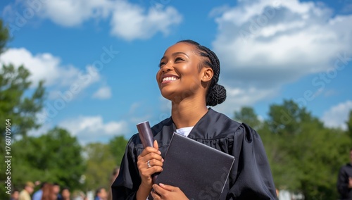 Joyful Graduate Celebrates Achievement at Outdoor Ceremony in Bright Sunlight...
