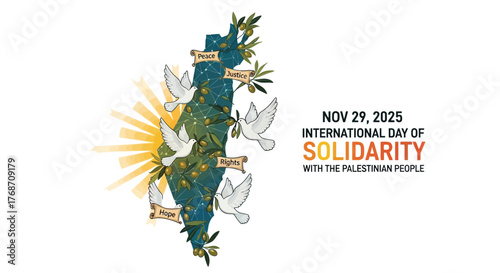 International Solidarity Day with the Palestinian People illustration featuring olive branches, doves symbolizing peace, justice, rights, and hope conveying a message of support and global unity