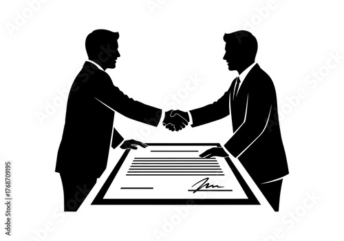 Two businessmen in silhouette shaking hands over a signed contract on a table symbolizing agreement and partnership