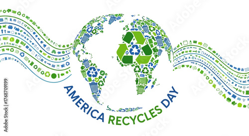 Celebrate America Recycles Day with a vibrant globe illustration composed of countless recycling icons and eco friendly symbols, promoting global sustainability awareness and green initiatives