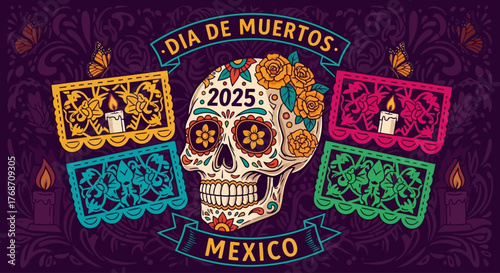 Vibrant Dia de Muertos celebration features colorful sugar skull adorned with roses, papel picado banners, candles, and butterflies, evoking Mexican heritage and festive traditions for 2025.