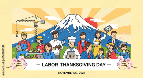 Diverse Japanese workforce celebrating Labor Thanksgiving Day with Mount Fuji backdrop, honoring workers and their contributions to society with pride and appreciation.