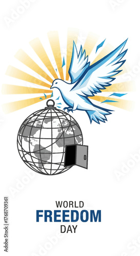 Symbolic white dove taking flight from an open cage globe, representing global freedom and hope on World Freedom Day, with radiant light rays.