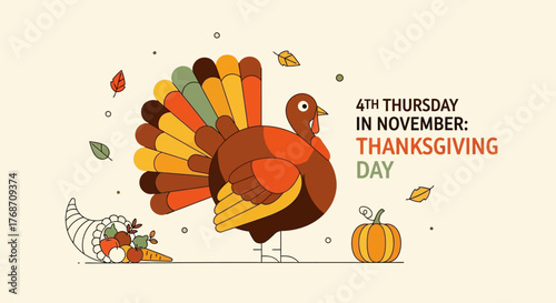 Celebrate the abundant blessings of Thanksgiving Day with this festive cartoon turkey, cornucopia, and pumpkin, perfect for seasonal greetings and autumn promotions.