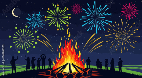 Joyful families and friends celebrate a vibrant night with a roaring bonfire and spectacular fireworks illuminating the starry sky, creating cherished memories.